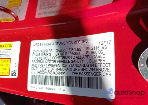 2018 Honda Accord Ex-L from USA, damaged, VIN 1HGCV1F53JA068491